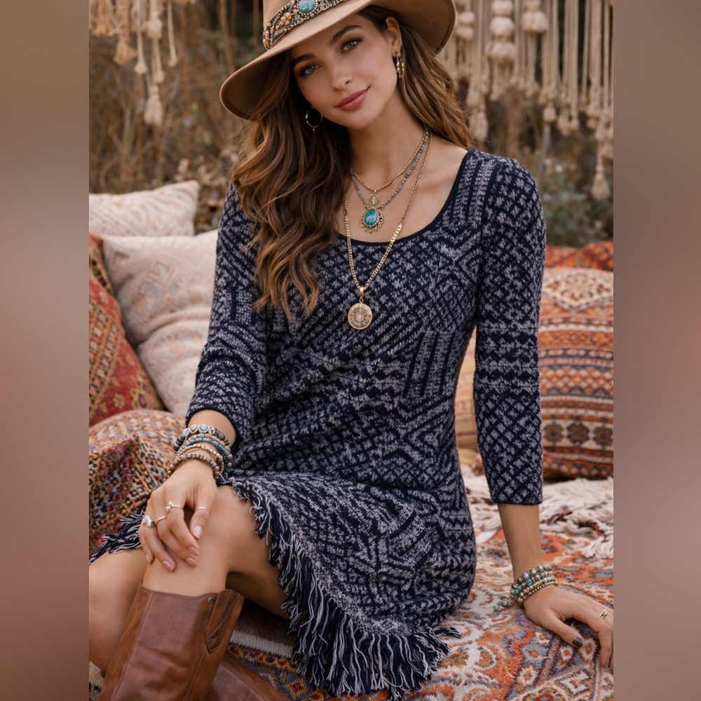 Lucky Brand Boho Fringe Sweater Dress | Tribal Knit Tunic Medium